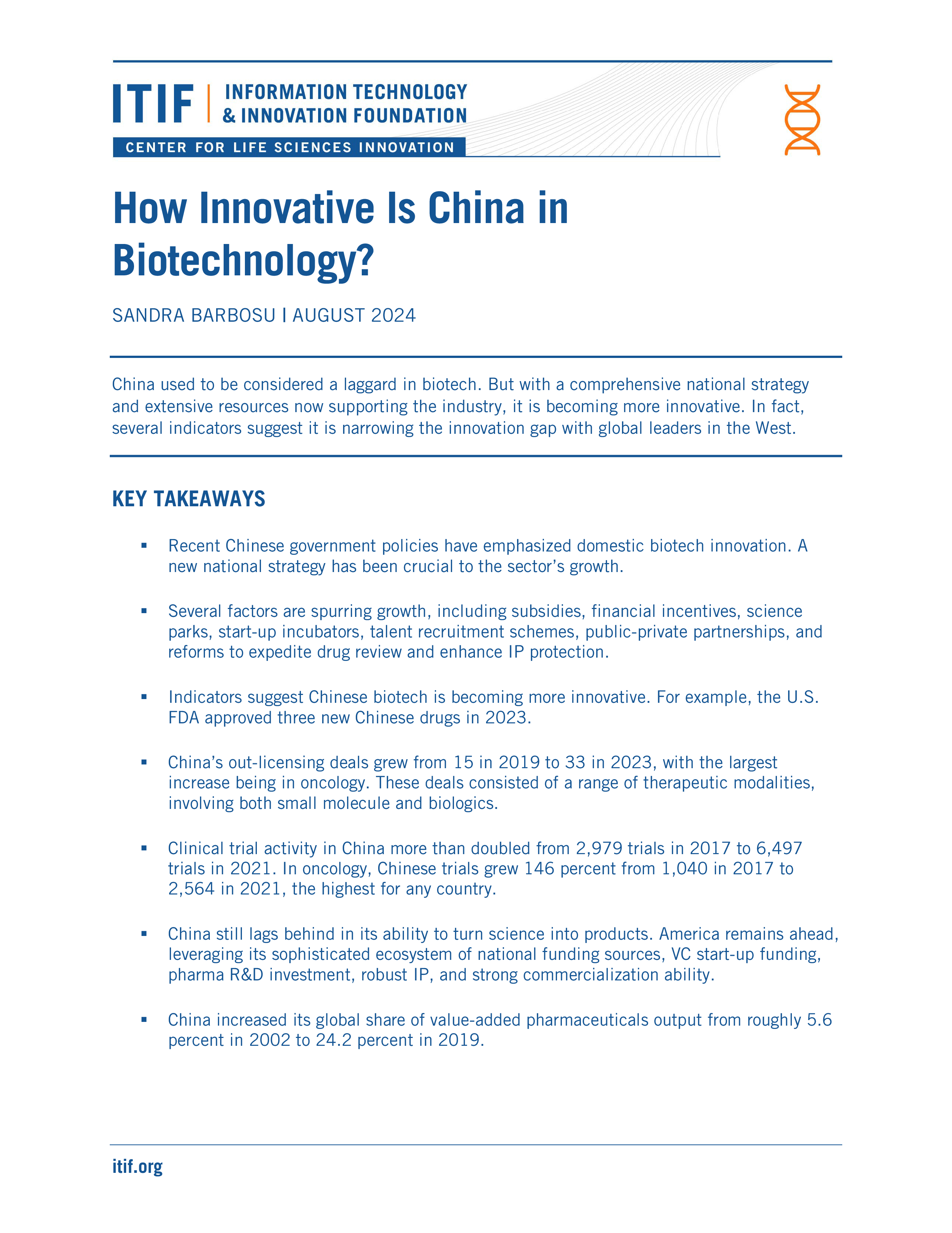 美国信息技术与创新基金会2024中国在生物技术领域的创新能力如何研究报告英文版44页